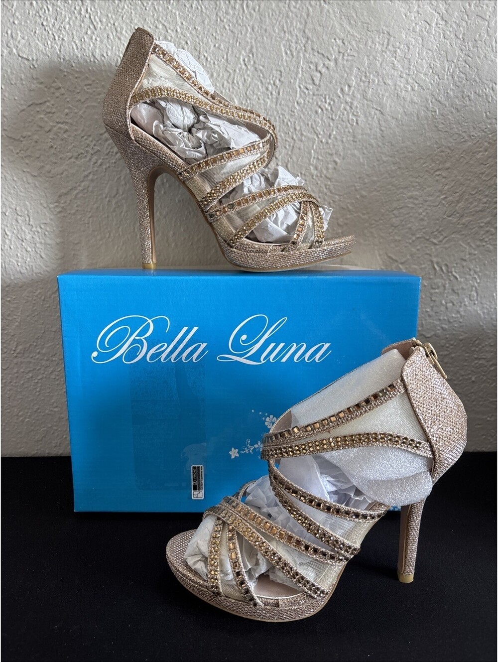 Bella Luna Shimmering Gold Rhinestone Multi-Strap High Heels Pump Sandals 6.5